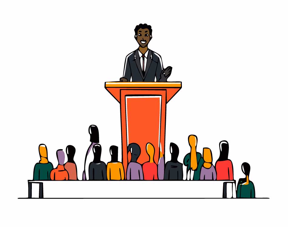 man speaking at podium with crowd watching