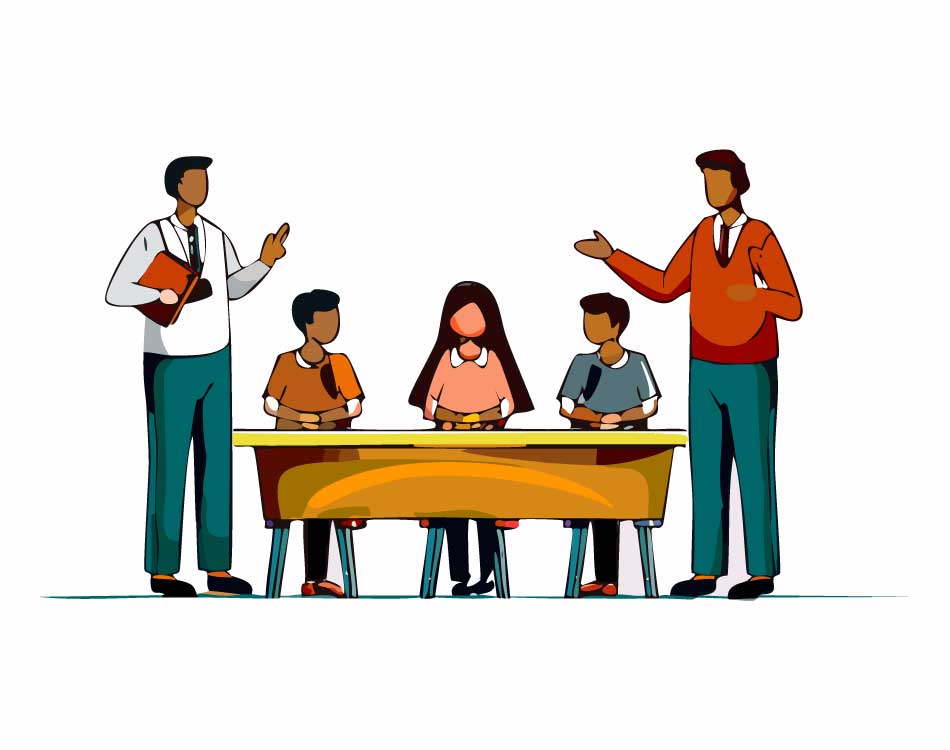 adults speaking to youth children sitting at desk